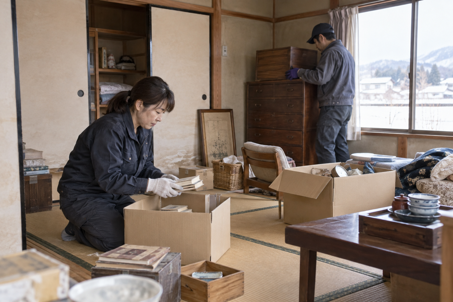 古い家に残された家財を作業員が整理するイメージ
