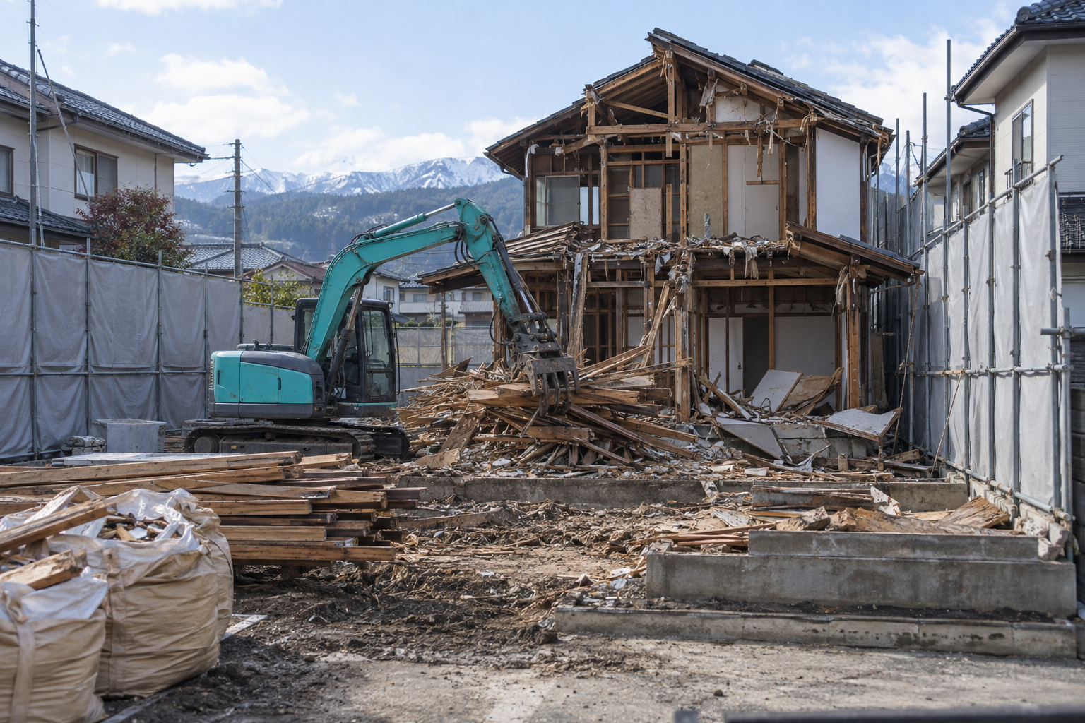 安全に区画された現場で古い木造住宅を解体するイメージ