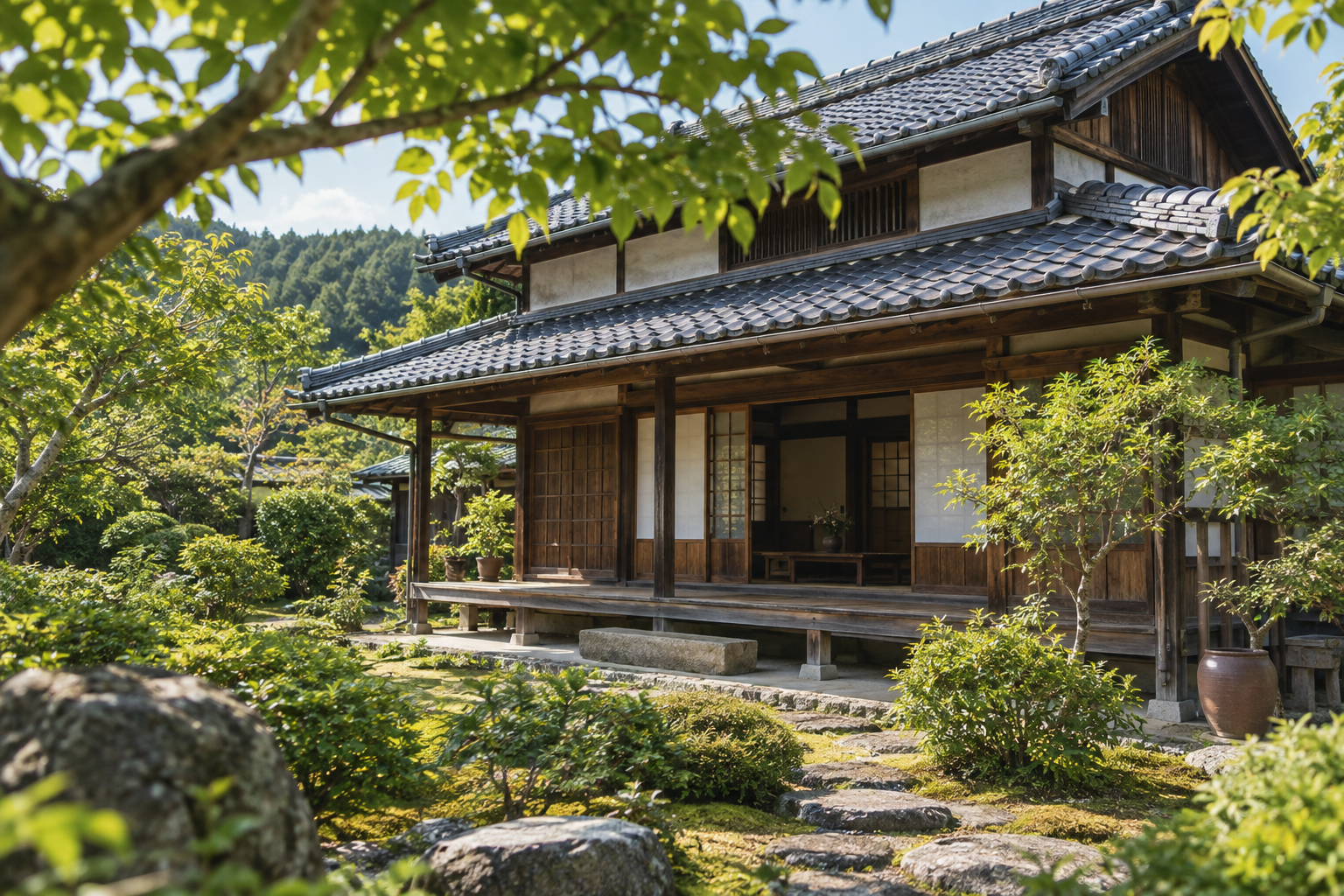 木々に囲まれた木造住宅のイメージ
