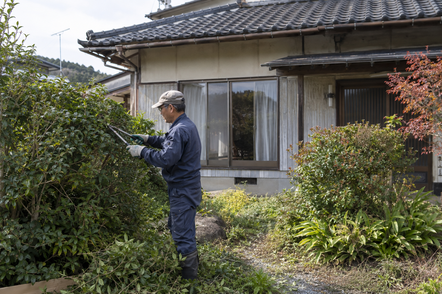 空き家の庭木を手入れする管理スタッフのイメージ