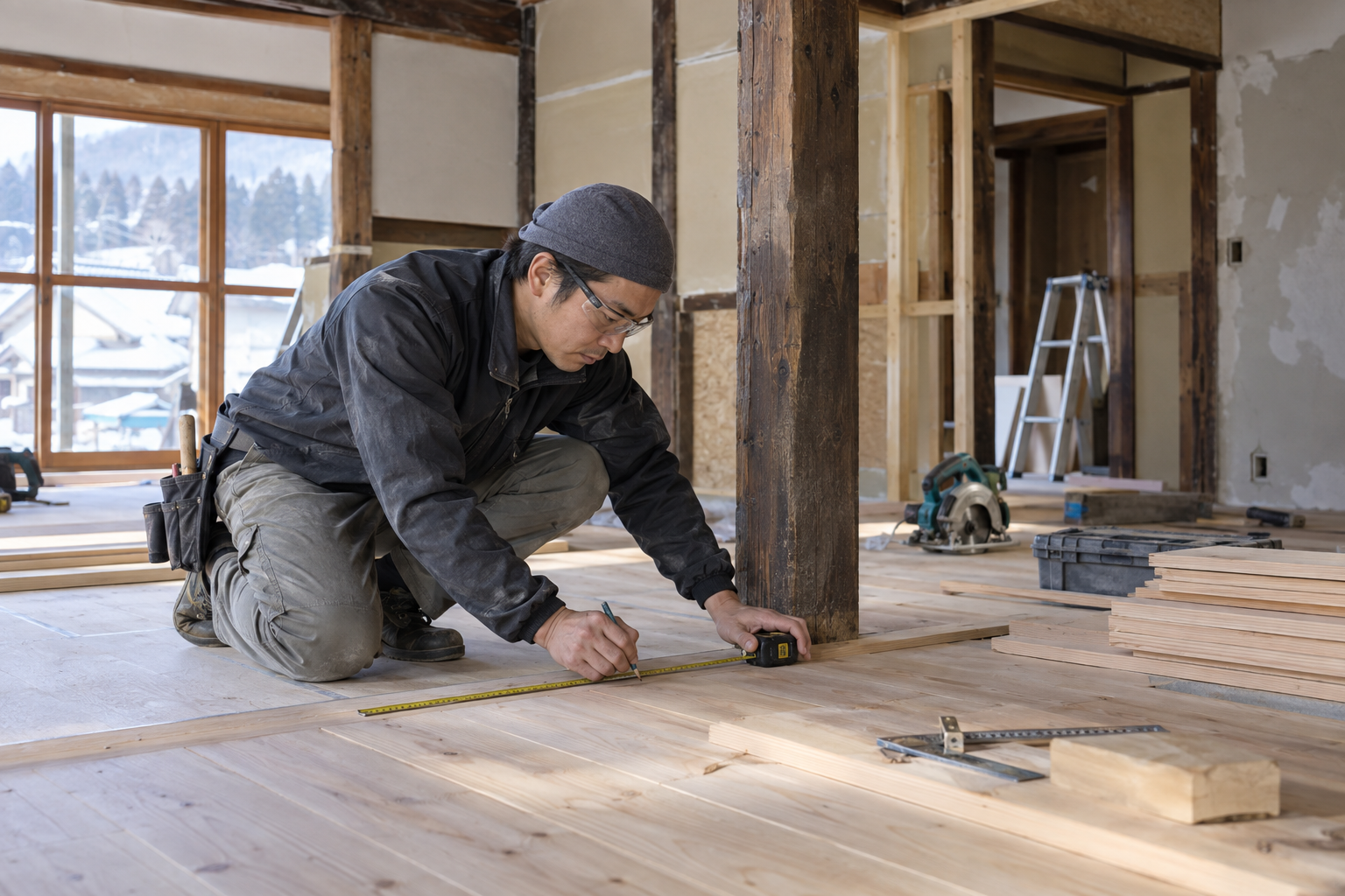 古い家の室内で床の改修を進める職人のイメージ
